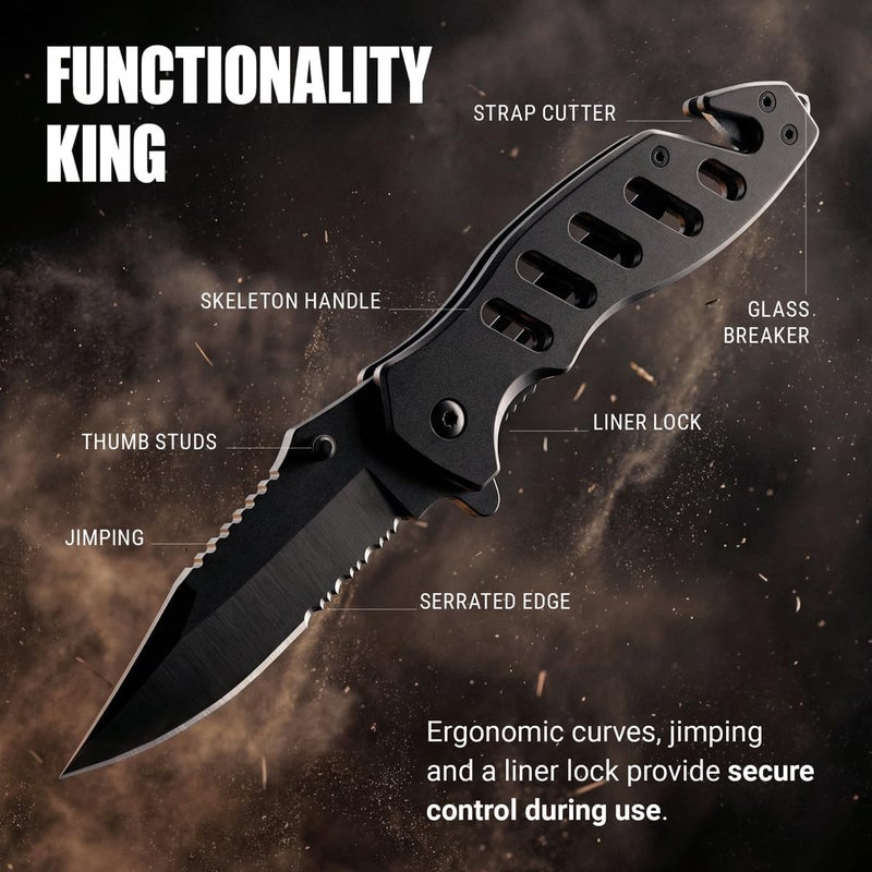 GOOD WORKER Tactical Legal Knife for Men Women - 2.68 inch Serrated Blade - Small Black Pocket Knives with Glass Breaker Seatbelt Cutter - Cool Folding Tool for Camping Work EDC - Mens Birthday Gift Ideas 6655 B - Image 3